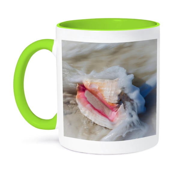 3dRose, Bahamas, Little Exuma Island. Conch shell in surf., 11oz Two-Tone Green Mug