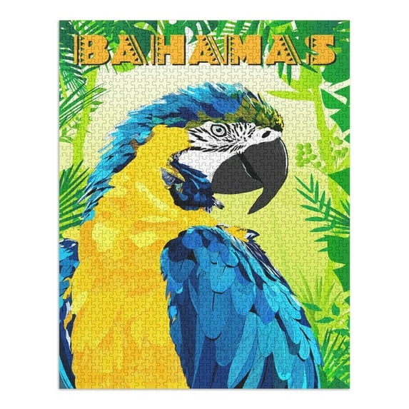 Bahamas, Macaw in Jungle Scene, Vector Geometric (1000 Piece Puzzle, Size 19x27, Challenging Jigsaw Puzzle for Adults and Family, Made in USA)