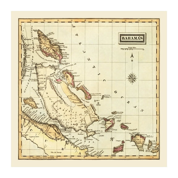 Bahamas Map, 1823 Vintage Map of Bahamas History Wall Decor Gift, Old Bahamas Map - 30" x 30" Unframed Print