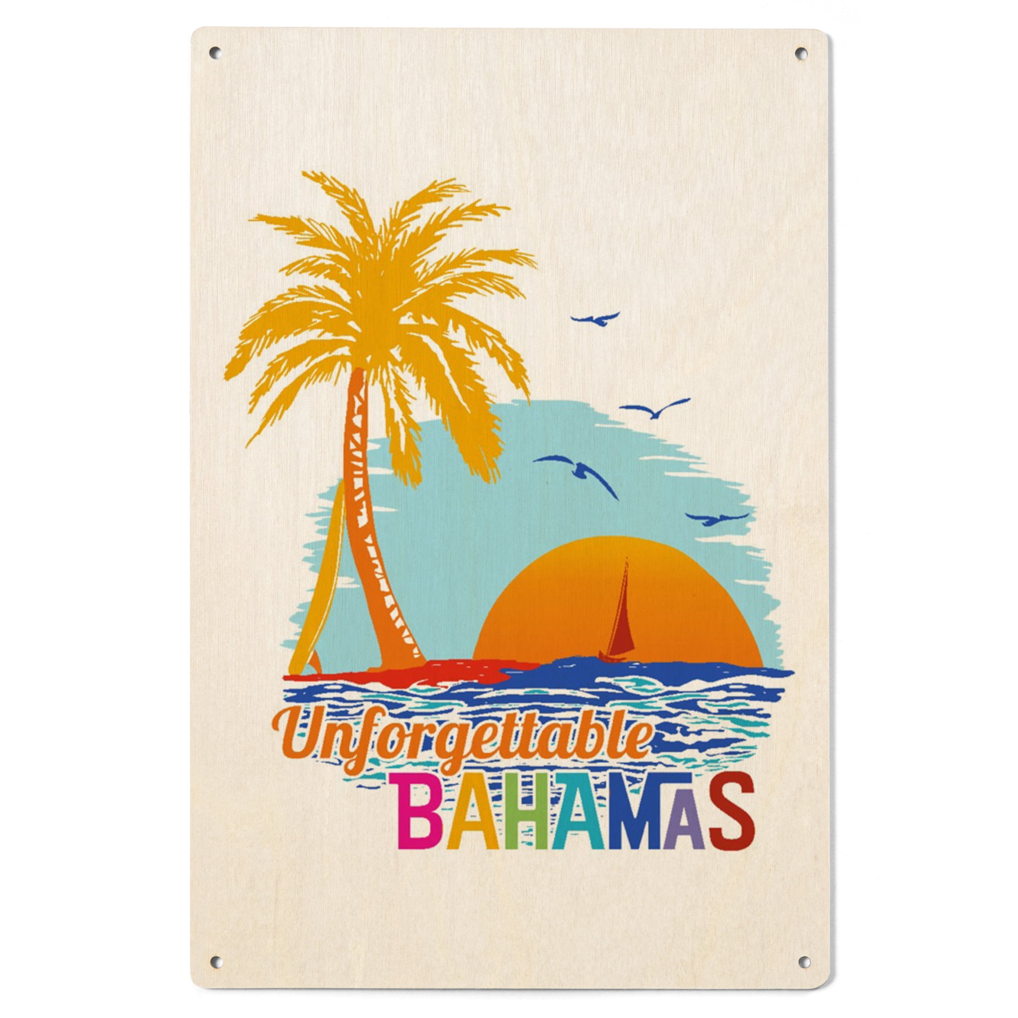 Unforgettable Signe Bahamas, Unforgettable, Sunset with Palm Tree Birch Wood Wall Sign (6x9 ...