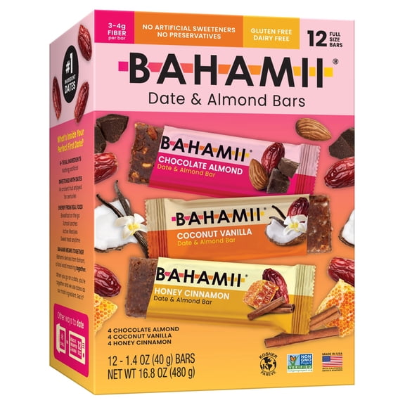 Bahamii Date & Almond Bars Variety Pack, Gluten Free, Dairy Free, 12 Count, 16.8 oz