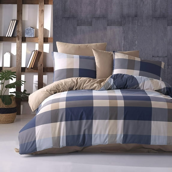 Bahar Tekstil 100% Cotton Quilt Cover Bedding Set Caro Cotton Duvet Cover Set of 3 (Blue) Lightweight Comforter Cover with Two Zippered Pillow Cases (Twin)