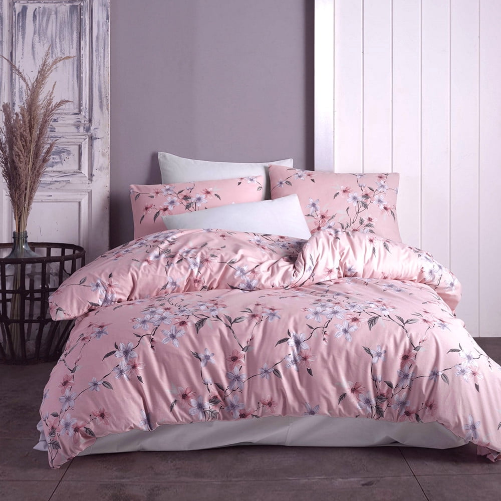 Queen Pink Floral Cotton Duvet Cover Set