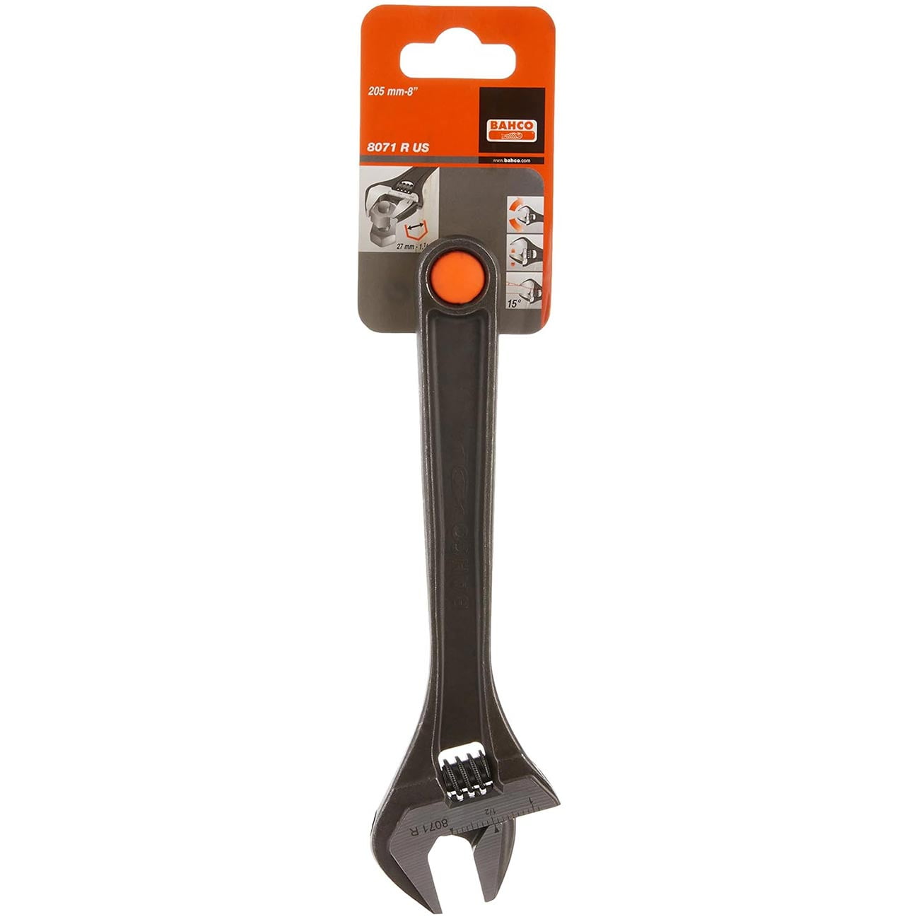 Bahco 8" Adjustable Wrench (BAH8071RCUS) – Central Nut Adjustment, Phosphate Finish, Heavy-Duty Adjustable Spanner