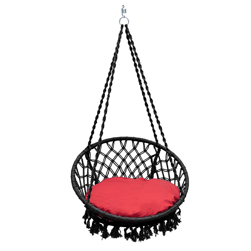 Bahia Macrame Hammock Chair with Cushion Hanging Chair for Bedroom Rope Boho Swing Chair Indoor Macrame Swinging Chair Outdoor Hand Woven Rope Hammock Accent Chair Black Hammock Chair Red Cushion