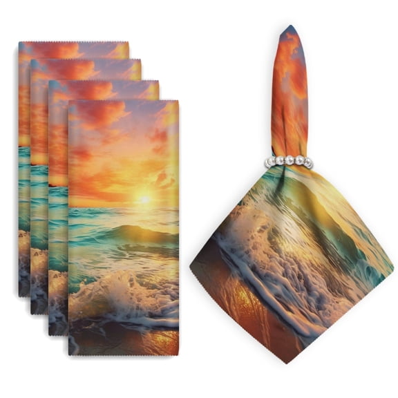 Bahomeck Cloth Napkins Set Of 4,18*18 Inch Washable Polyester Napkins Dining Table Napkins Weddings Party Dinner Parties(Beautiful Sunset Over The Ocean With Waves Crashing On The Shore)