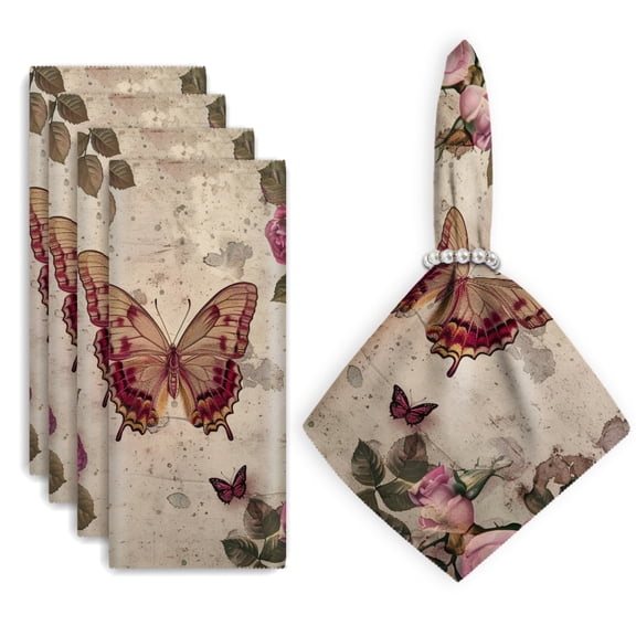 Bahomeck Cloth Napkins Set Of 4,18*18 Inch Washable Polyester Napkins Dining Table Napkins Weddings Party Dinner Parties(Butterfly Surrounded By Pink Roses On Vintage Background)