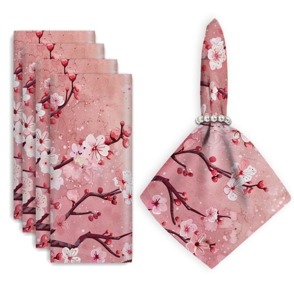 Bahomeck Cloth Napkins Set Of 4,18*18 Inch Washable Polyester Napkins Dining Table Napkins Weddings Party Dinner Parties(Cherry Blossoms With Pink Background And With Pastel Colors)