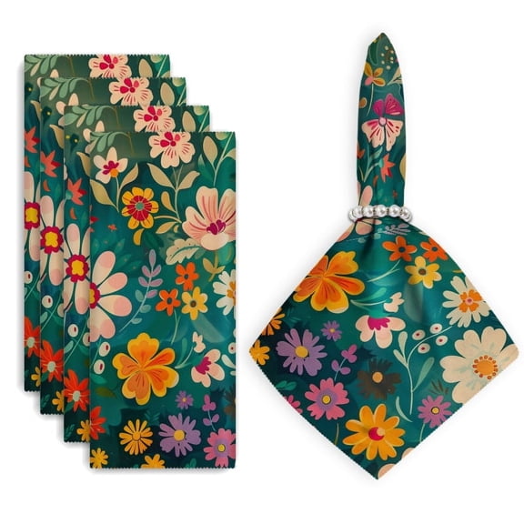 Bahomeck Cloth Napkins Set Of 4,18*18 Inch Washable Polyester Napkins Dining Table Napkins Weddings Party Dinner Parties(Colorful Flowers In Shades Of Teal And Pink On Emerald Green Background)