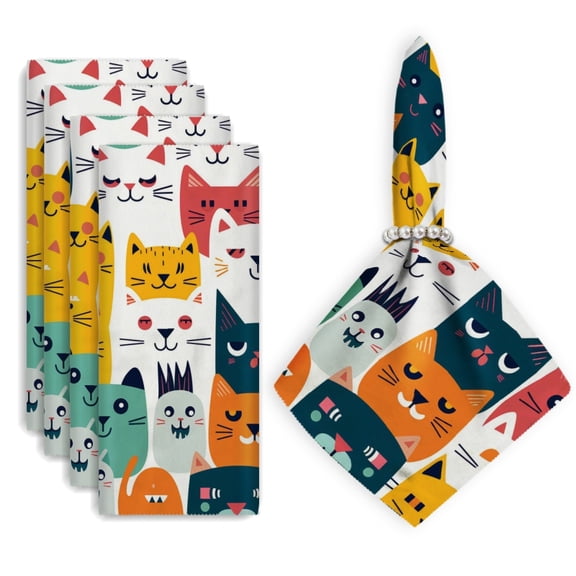 Bahomeck Cloth Napkins Set Of 4,18*18 Inch Washable Polyester Napkins Dining Table Napkins Weddings Party Dinner Parties(Cute Cartoon Cats With Colorful And Simple Shapes)