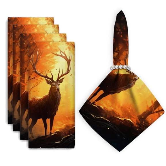 Bahomeck Cloth Napkins Set Of 4,18*18 Inch Washable Polyester Napkins Dining Table Napkins Weddings Party Dinner Parties(Deer With Antlers Standing In The Forest With Glowing Orange Light)