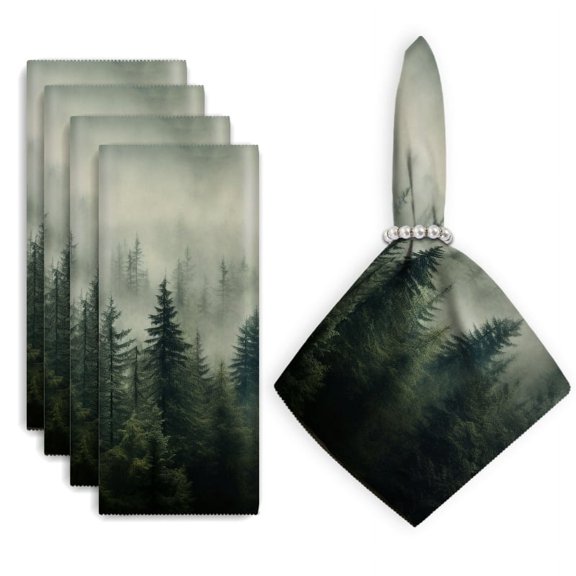 Bahomeck Cloth Napkins Set Of 4,18*18 Inch Washable Polyester Napkins Dining Table Napkins Weddings Party Dinner Parties(Dense Forest Shrouded In Mist With Tall Trees)