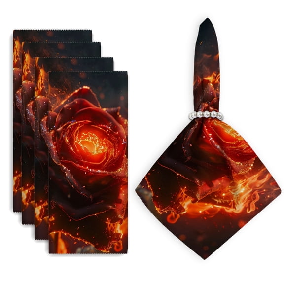Bahomeck Cloth Napkins Set Of 4,18*18 Inch Washable Polyester Napkins Dining Table Napkins Weddings Party Dinner Parties(Fiery Red Rose With Embers And Sparks Flying)