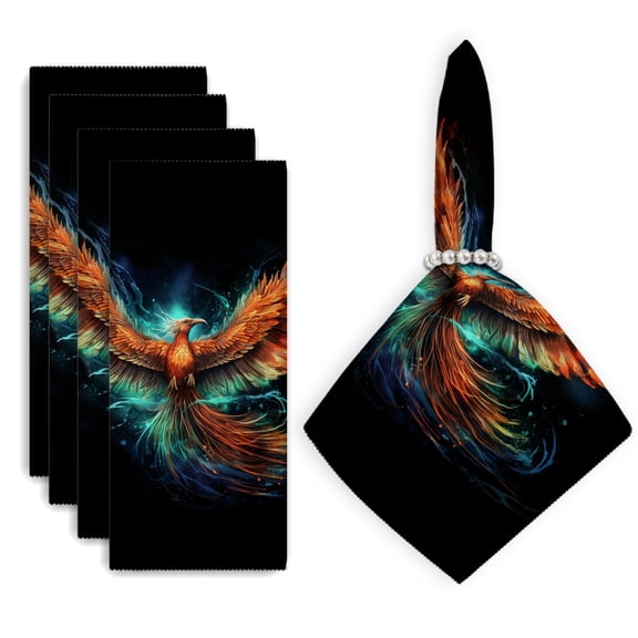 Bahomeck Cloth Napkins Set Of 4,18*18 Inch Washable Polyester Napkins Dining Table Napkins Weddings Party Dinner Parties(Majestic Phoenix Soaring With Vibrant Feathers Glowing In The Dark)