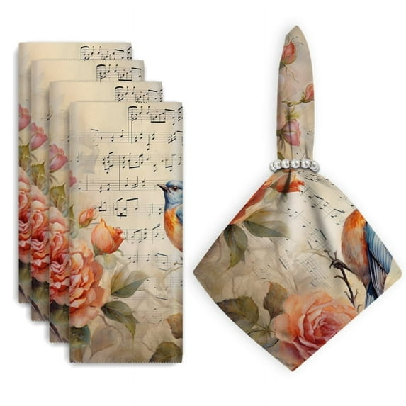 Bahomeck Cloth Napkins Set Of 4,18*18 Inch Washable Polyester Napkins Dining Table Napkins Weddings Party Dinner Parties(Roses And Blue Bird On Music Sheet Background)