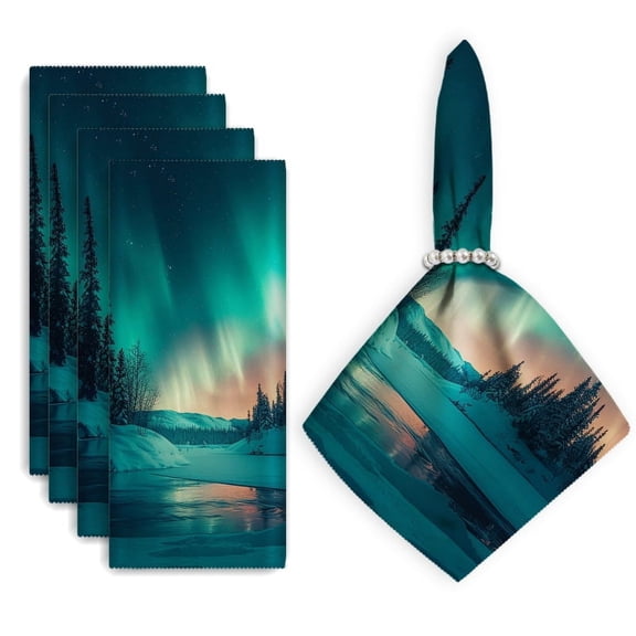 Bahomeck Cloth Napkins Set Of 4,18*18 Inch Washable Polyester Napkins Dining Table Napkins Weddings Party Dinner Parties(The Northern Lights Dancing Above Snow-Covered Forests)