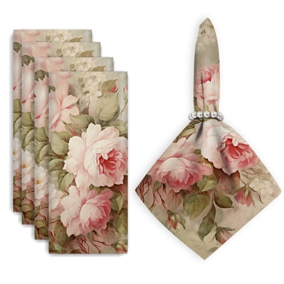 Bahomeck Cloth Napkins Set Of 4,18*18 Inch Washable Polyester Napkins Dining Table Napkins Weddings Party Dinner Parties(Vintage Floral With Pink Roses And White Blossoms)