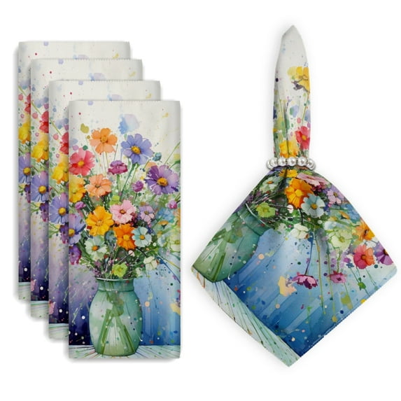 Bahomeck Cloth Napkins Set Of 4,18*18 Inch Washable Polyester Napkins Dining Table Napkins Weddings Party Dinner Parties(Watercolor Painting Of Colorful Wildflowers In Vase)