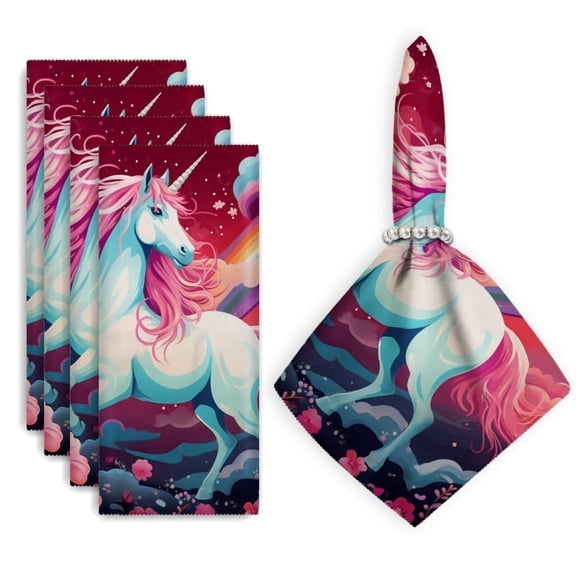 Bahomeck Cloth Napkins Set Of 4 Beautiful Unicorn With Rainbow Mane And Tail Square Napkins Washable Dining Table Napkin For Home Holiday Wedding Party Dinner Decor 18*18 Inch