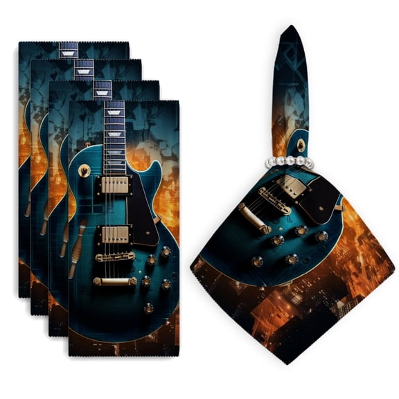 Bahomeck Cloth Napkins Set Of 4 Blue Guitar Floating Over The City Of Chicago Square Napkins Washable Dining Table Napkin For Home Holiday Wedding Party Dinner Decor 18*18 Inch
