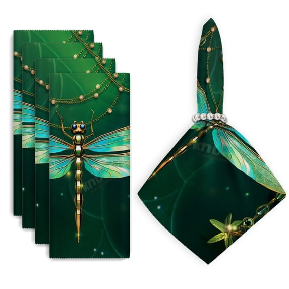 Bahomeck Cloth Napkins Set Of 4 Dragonfly Made Of Green And Gold With Gemstones Hanging Square Napkins Washable Dining Table Napkin For Home Holiday Wedding Party Dinner Decor 18*18 Inch