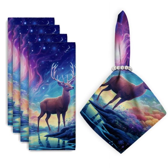 Bahomeck Cloth Napkins Set Of 4 Majestic Deer Standing In The Center Of Enchanted Forest Square Napkins Washable Dining Table Napkin For Home Holiday Wedding Party Dinner Decor 18*18 Inch