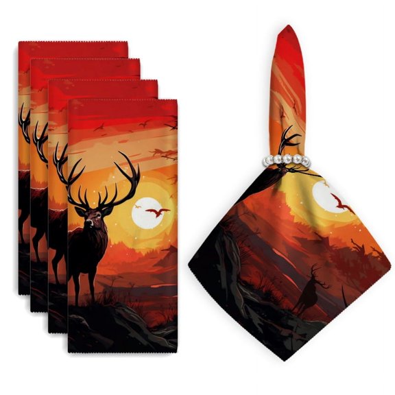 Bahomeck Napkins Set Of 4 Reusable Washable Square Fabric Dining Table Napkins Weddings Party Dinner Decor,18*18 Inch,Deer In Forest With Sunset Sky
