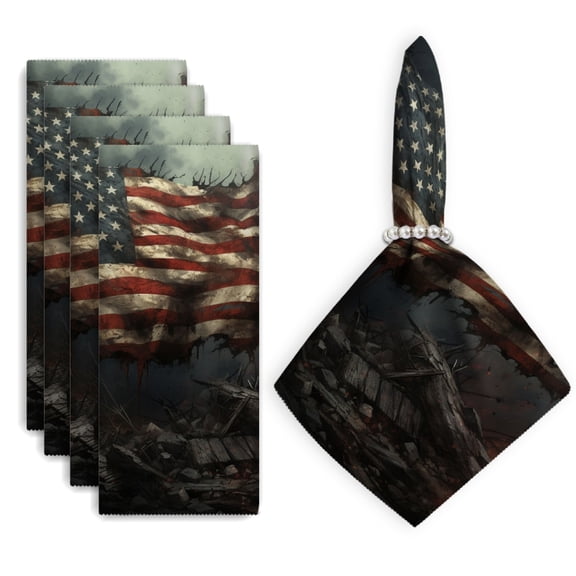 Bahomeck Napkins Set Of 4 Reusable Washable Square Fabric Dining Table Napkins Weddings Party Dinner Decor,18*18 Inch,The American Flag Atop A Pile Of Rubble And Torn And Destroyed