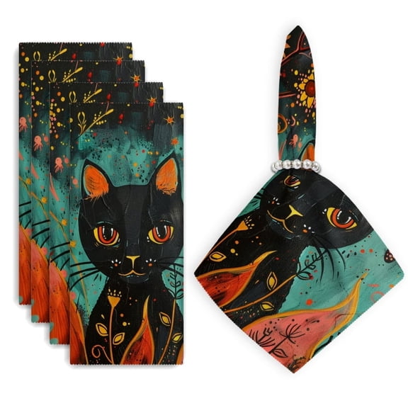Bahomeck Cloth Napkins Set Of 4,18*18 Inch Washable Polyester Napkins Dining Table Napkins Weddings Party Dinner Parties(Black Cat Surrounded By Flames With Flowers)