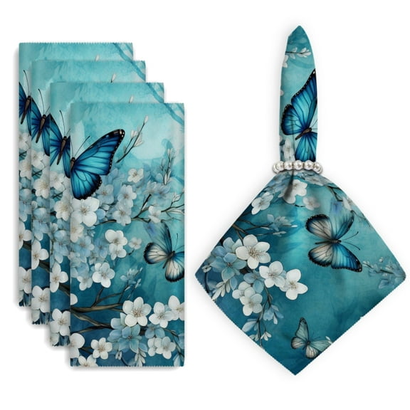 Bahomeck Napkins Set Of 4 Reusable Washable Square Fabric Dining Table Napkins Weddings Party Dinner Decor,18*18 Inch,Blue Butterfly On Blossom Plum Branch