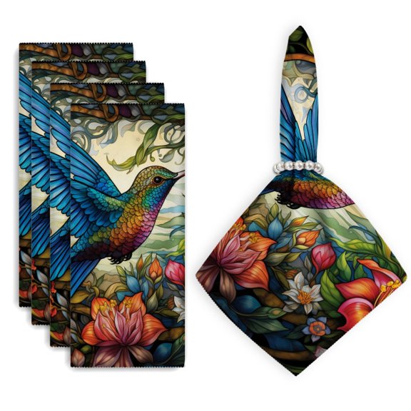 Bahomeck Napkins Set Of 4 Reusable Washable Square Fabric Dining Table Napkins Weddings Party Dinner Decor,18*18 Inch,Colorful Hummingbird In Flight And Surrounded By Vibrant Flowers