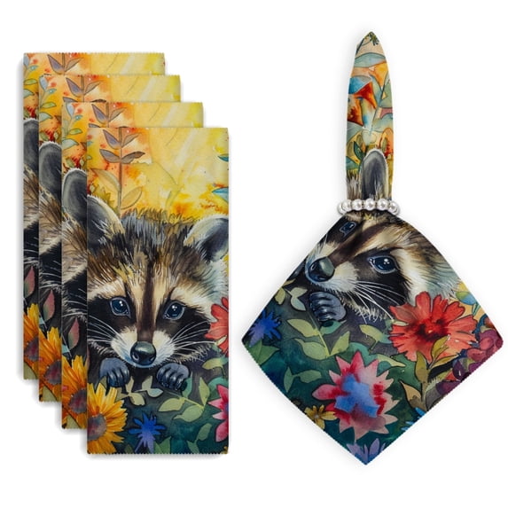 Bahomeck Napkins Set Of 4 Reusable Washable Square Fabric Dining Table Napkins Weddings Party Dinner Decor,18*18 Inch,Cute Baby Racoon In The Middle Of Colorful Flowers