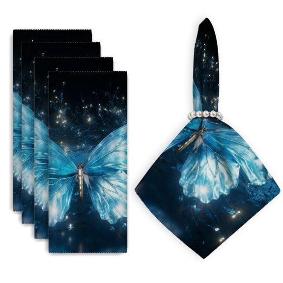 Bahomeck Cloth Napkins Set Of 4,18*18 Inch Washable Polyester Napkins Dining Table Napkins Weddings Party Dinner Parties(Giant Blue Glass Butterfly Flying In The Night Sky)