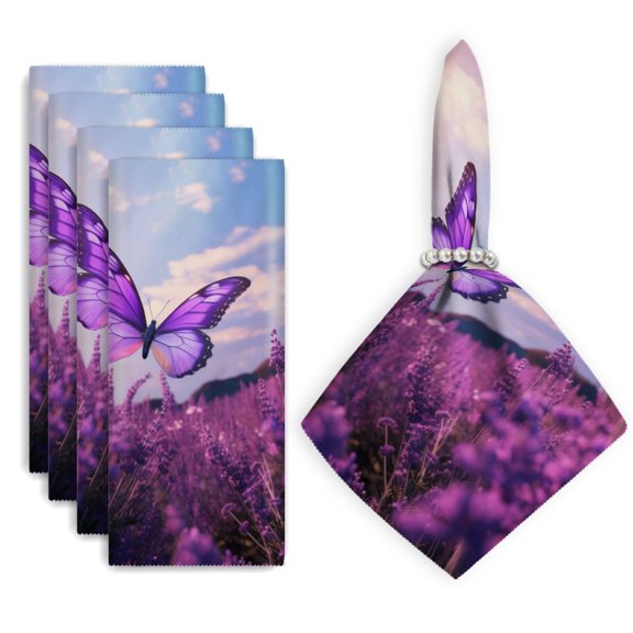 Bahomeck Napkins Set Of 4 Reusable Washable Square Fabric Dining Table Napkins Weddings Party Dinner Decor,18*18 Inch,Purple Butterfly Flying Over A Field Of Lavender Flowers
