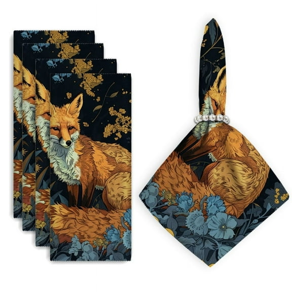 Bahomeck Napkins Set Of 4 Reusable Washable Square Fabric Dining Table Napkins Weddings Party Dinner Decor,18*18 Inch,Red Fox In The Night Forest Surrounded By Yellow And Blue Flowers