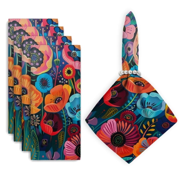 Bahomeck Cloth Napkins Set Of 4,18*18 Inch Washable Polyester Napkins Dining Table Napkins Weddings Party Dinner Parties(Vibrant And Colorful Painting Of Poppies)