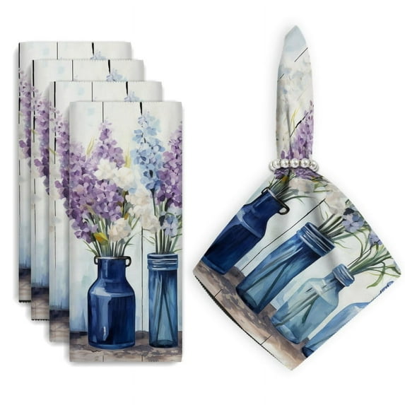 Bahomeck Cloth Napkins Set Of 4,18*18 Inch Washable Polyester Napkins Dining Table Napkins Weddings Party Dinner Parties(Watercolor Painting Depicting Flowers In Blue Glass Bottles)