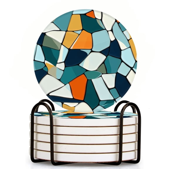 Bahomeck Drink Coasters Set Of 6 With Holder Abstract Mosaic With Colorful Geometric Shapes Water Absorbent Ceramic Coasters Tabletop Protection,Suitable For Various Cup,Home Decor