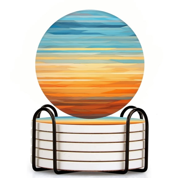Bahomeck Drink Coasters Set Of 6 With Holder Abstract Sunset Painting Water Absorbent Ceramic Coasters Tabletop Protection,Suitable For Various Cup,Home Decor