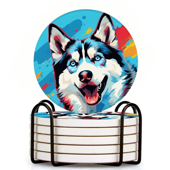 Bahomeck Drink Coasters Set Of 6 With Holder Abstract Vector Illustration Of Happy Husky Dog Water Absorbent Ceramic Coasters Tabletop Protection,Suitable For Various Cup,Home Decor