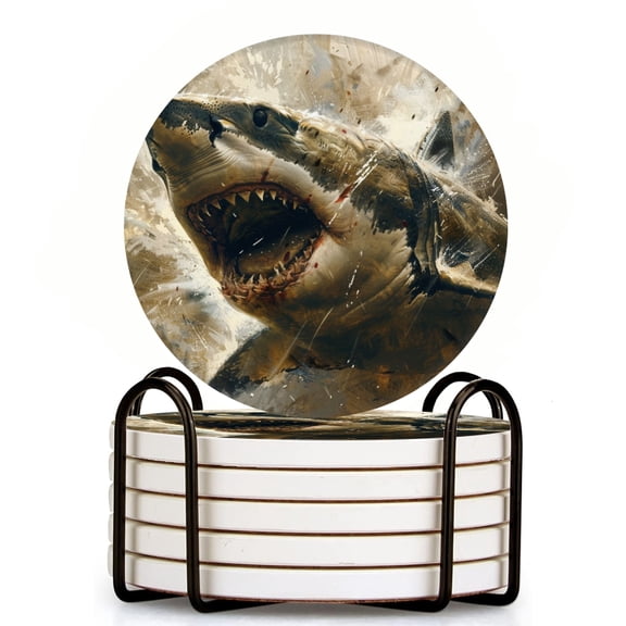 Bahomeck Drink Coasters Set Of 6 With Holder Aggressive Shark Mouth Open And Sharp Teeth Showing Water Absorbent Ceramic Coasters Tabletop Protection,Suitable For Various Cup,Home Decor