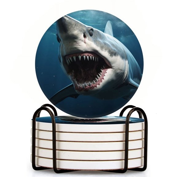 Bahomeck Drink Coasters Set Of 6 With Holder Aggressive White Shark With Mouth Open Water Absorbent Ceramic Coasters Tabletop Protection,Suitable For Various Cup,Home Decor