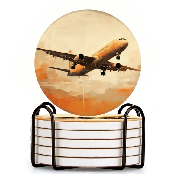 Bahomeck Drink Coasters Set Of 6 With Holder Airplane Flying In The Sky Water Absorbent Ceramic Coasters Tabletop Protection,Suitable For Various Cup,Home Decor