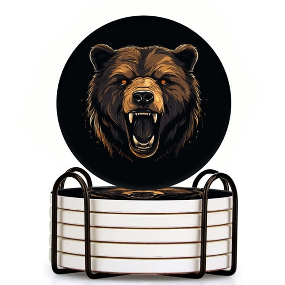 Bahomeck Drink Coasters Set Of 6 With Holder Angry Bear Head With Open Mouth And Sharp Teeth (2) Water Absorbent Ceramic Coasters Tabletop Protection,Suitable For Various Cup,Home Decor