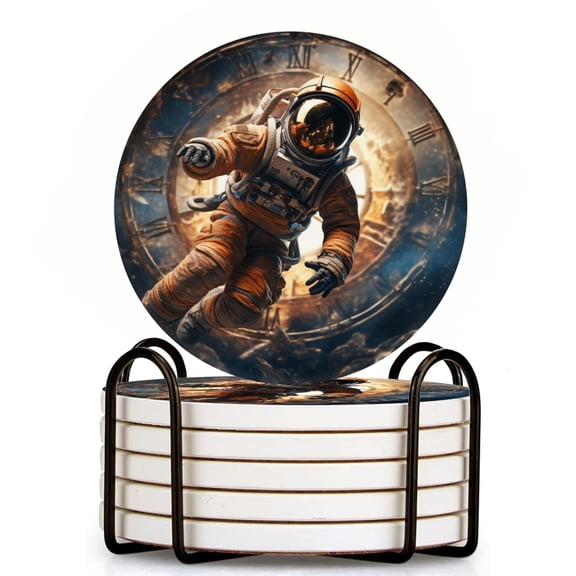 Bahomeck Drink Coasters Set Of 6 With Holder Astronaut Floating In Space Water Absorbent Ceramic Coasters Tabletop Protection,Suitable For Various Cup,Home Decor