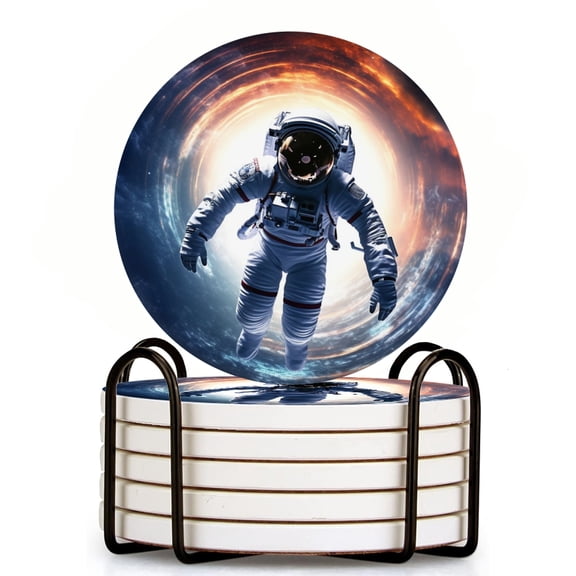 Bahomeck Drink Coasters Set Of 6 With Holder Astronaut In Space Suit Floating Through Wormhole Water Absorbent Ceramic Coasters Tabletop Protection,Suitable For Various Cup,Home Decor