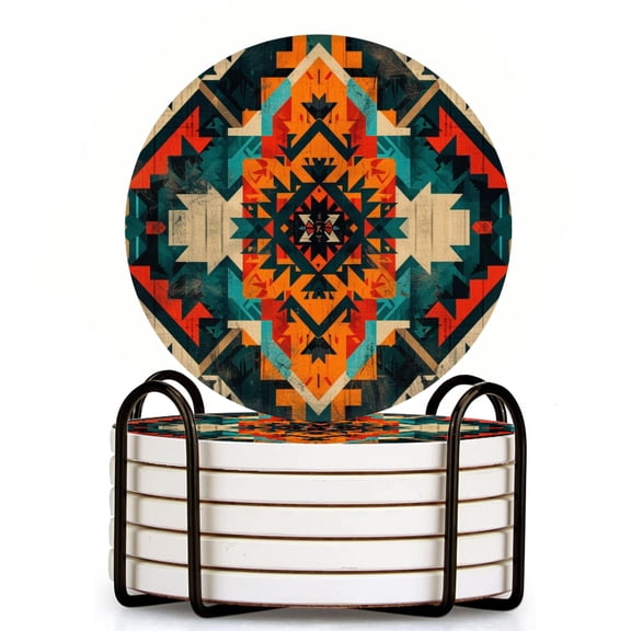 Bahomeck Drink Coasters Set Of 6 With Holder Aztec Pattern Design With Boho Style Vintage Colors Water Absorbent Ceramic Coasters Tabletop Protection,Suitable For Various Cup,Home Decor