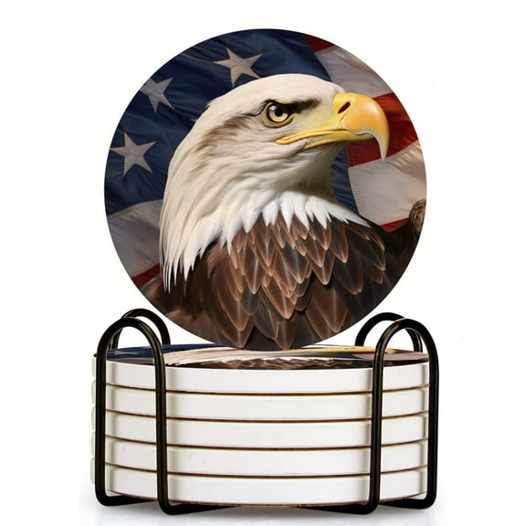 Bahomeck Drink Coasters Set Of 6 With Holder Bald Eagle In Front Of American Flag With High Resolution Water Absorbent Ceramic Coasters Tabletop Protection,Suitable For Various Cup,Home Decor