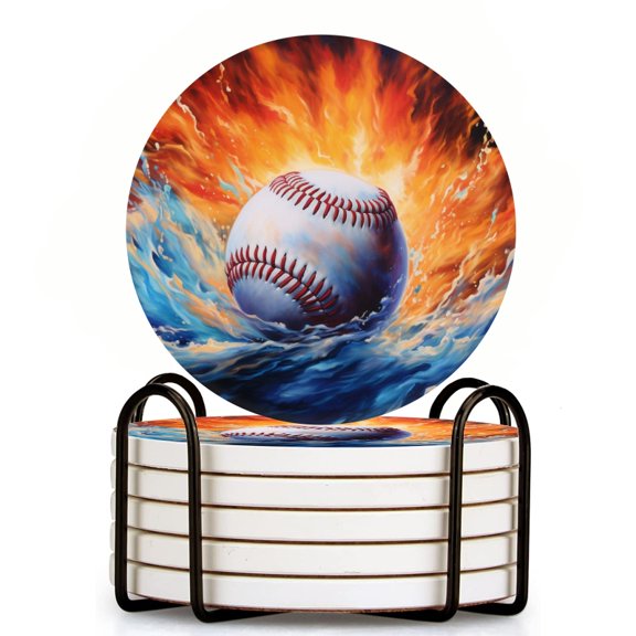 Bahomeck Drink Coasters Set Of 6 With Holder Baseball Surrounded By Swirling Water And Fire Water Absorbent Ceramic Coasters Tabletop Protection,Suitable For Various Cup,Home Decor