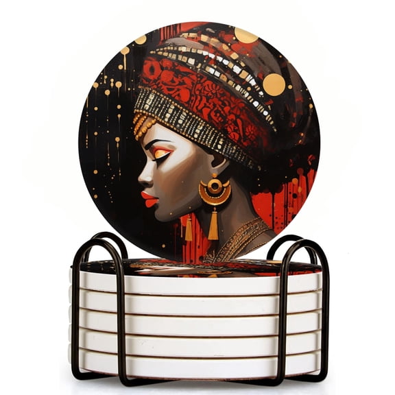 Bahomeck Drink Coasters Set Of 6 With Holder Beautiful African Queen Water Absorbent Ceramic Coasters Tabletop Protection,Suitable For Various Cup,Home Decor